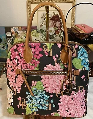 Dooney Bourke Black Pink Brown Hydrangeas Floral Garden Flowers Satchel Handbag • $168.30