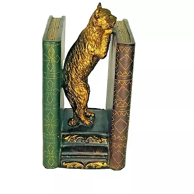 Bronze Cat Kitty Bookend Peeking Over Books Felted Bottom Heavy Resin Doorstop • $50