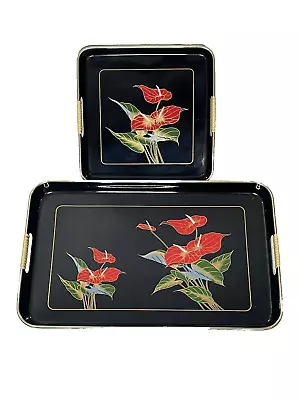 Vintage Japanese TOYO Lacquerware Trays Anthurium Design Red & Black-Excel Cond! • $19.99