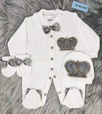 Personalize Baby Romper Clothes Fancy Bow Crown Gift Set Sleep Suit Gift Set • £33.99