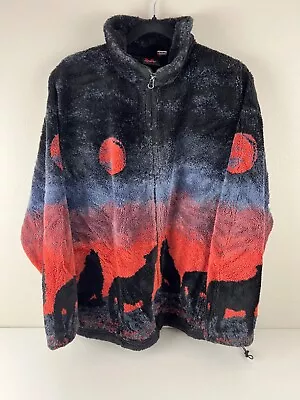 Vintage Mazmania Jacket Mens Extra Large Heavy Fleece Wolves Full Zip USA 90s • $49.99