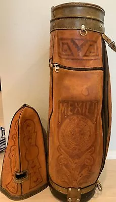 Vintage Hand Tooled Genuine Leather Golf Bag With Head Cover Mexico Aztec ⛳️🇺🇸 • $64.99