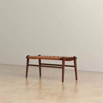 Sam Mid-Century Modern Genuine Leather Upholstered Bench In Tan • $355.99