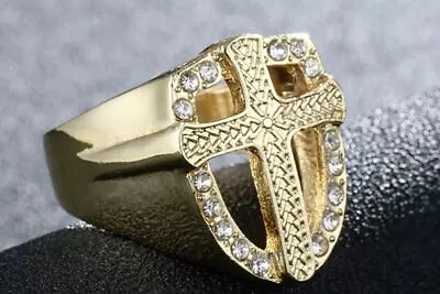 $23.99 • Buy 18K GOLD EP  DIAMOND SIMULATED MENS CROSS RING Sz 7-13 U Choose