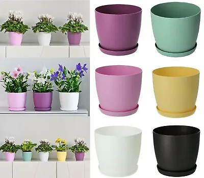 Plant Pots Flower Planter 6 Colours 8 Sizes Matt Plastic Pot + Saucer Tray Deco • £4.79