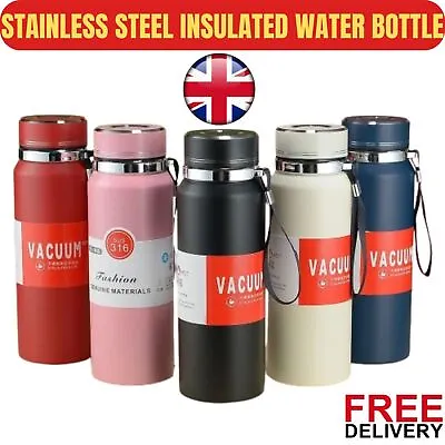 Stainless Steel Water Bottle Double Wall Vacuum Insulated Sports Gym Metal Flask • £4.99