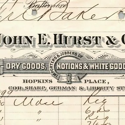 1899 Letterhead Billhead John E. Hurst Dry Goods Baltimore - Ephraim Baker*  • $22.99