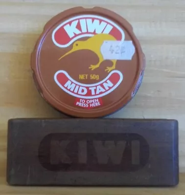 Vintage NOS Never Opened Kiwi Mid Tan Shoe Polish 50g Tin & Used Kiwi Brush • $25