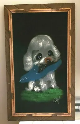 Black Velvet Painting Puppy Vintage Kitsch Slipper Dog Big Eyes Mexico Framed • $37.99