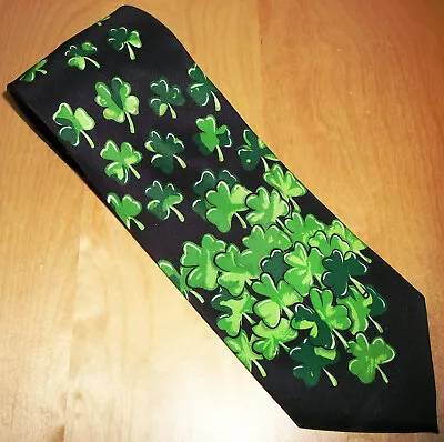 Green Clovers On Black St Patrick's Day Neck Tie Parquet 57  L X 3.6  W (D924) • $10