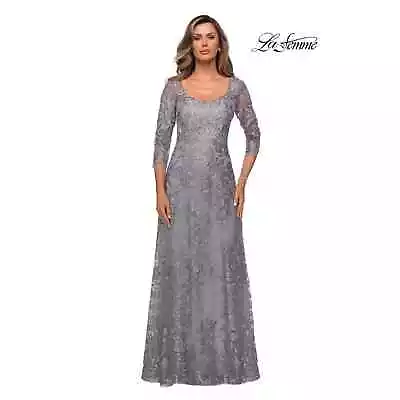 NWT La Femme Formal Gown Floral Embroidery 3/4 Sleeve Silver Size 14 $619 Retail • $248.95