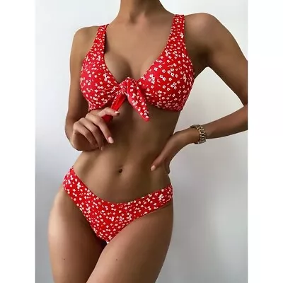 ZAFUL Red & White Floral Tie Front Low Rise Bikini Set Size S/AU8 • $6.99