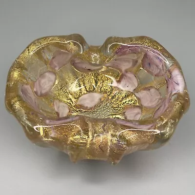 Handblown Pink Swirl And Gold Leaf Art Glass Ashtray Murano Style READ • $75