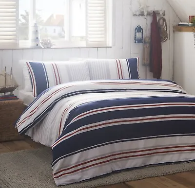 £18.75 • Buy Nautical Stripe Duvet Cover Reversible Quilt Bedding Set Navy Blue Red King Size