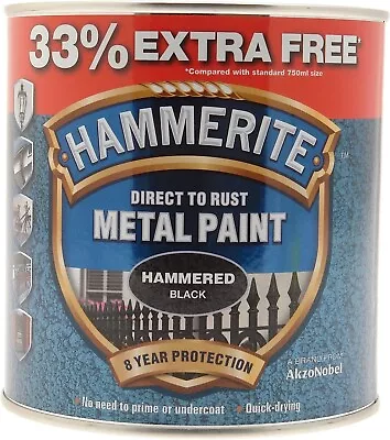 Hammerite - Hammered Direct To Rust Metal Paint - 750ML + 33% Extra Free - Black • £22.46