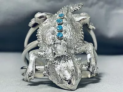 Heavy Men's Navajo Turquoise Sterling Silver Toad Bracelet • $1935.99