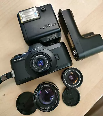 Pentax Auto 110 Asahi Film Camera 3 Lenses Winder Flash UNTESTED ~verrrry TIDY ✅ • £99