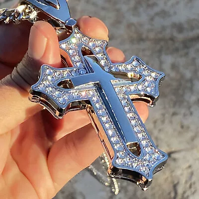 $29.95 • Buy Huge Open Cross Iced Flooded Out Simulated CZ Silver Tone Cuban Link Chain 30 