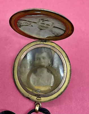 A Vintage Gold Filled Mourning Photo Locket /Pendant With Hair On A Silk Ribbon. • $220