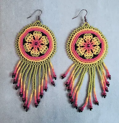 Native American Seed Bead Medicine Wheel Earrings Red Yellow Orange Green Black • $12.99