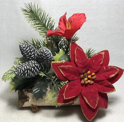 6”x6.5” Vintage 70s Christmas Centerpiece Plastic Flowers Pine Cones On Wood Log • $28