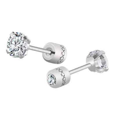 Women Men Silver Stainless Steel Round CZ Stud Earrings Screw Back Gift PE30 • $4.95