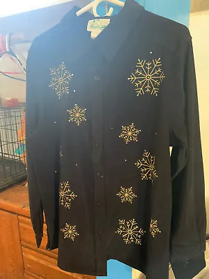 The Quaker Factory Women’s 2X Button Up Snowflakes Rhinestones Velvet Shirt Top • $25