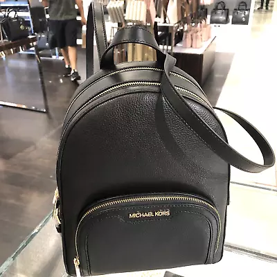 Michael Kors Jaycee Medium Zip Pocket Backpack Bag Gold Hardware Leather Black • $113