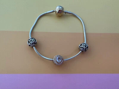 $165 • Buy Pandora Two Tone Essence Bracelet With 14K Gold Clasp Genuine Ale With 3 Charms