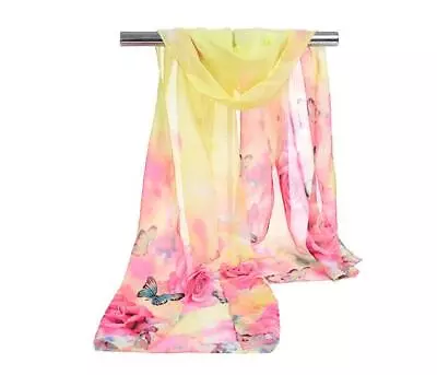 Women Ladies Butterfly Long Chiffon Floral Print Pattern Shawl Scarf Warp Stole • £3.89