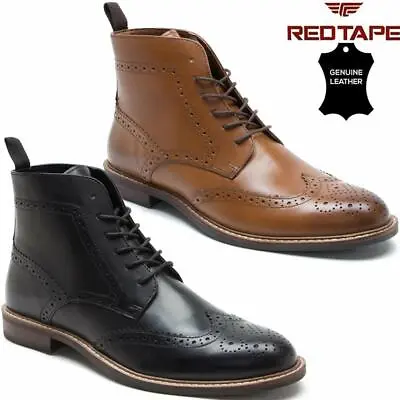 Mens Leather Boots New Smart Formal Brogue Combat Lace Ankle Boots Shoes Size • £31.95