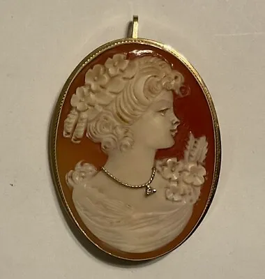 * Vintage * Cameo Pendant/ Brouch Pin 18k Gold~ W/Real Diamond Necklace #455 • $179.99
