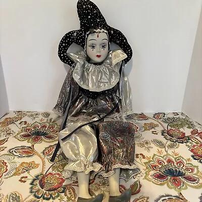 Vintage 24” Harlequin Mardi Gras Jester Clown Porcelain Doll Silver & Blue • $20