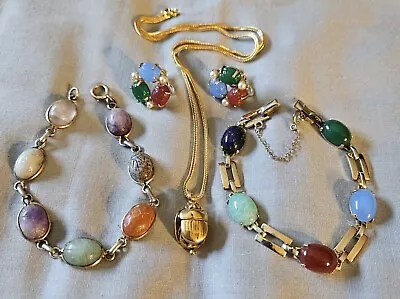 Vintage Egyptian Revival Gemstone Earrings Bracelet Scarab Jewelry Lot • $26