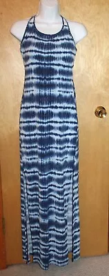 BCBGeneration Size SMALL Blue Tie-dye Maxi Dress Stretch Jersey Open Back Slits • $14.99