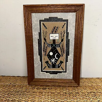 Navajo Sand Painting Father Sky Moon Stars Matted Framed Neutral Tones Certified • $49.88