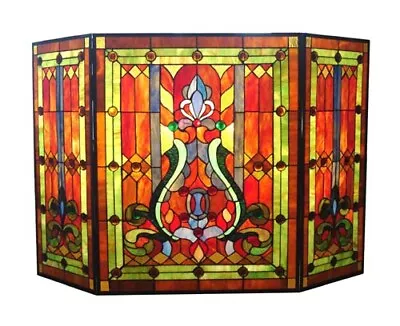 Tiffany Style Stained Glass Mission Fleur-De-Lis Fireplace Screen ONE THIS PRICE • $331.31