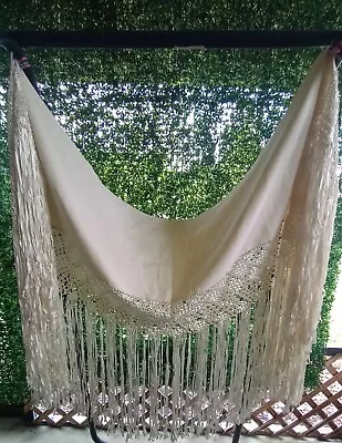 Vintage Hand Knotted Ivory Fringe Silk Ribbon Wool Wrap Piano Shawl Wedding Boho • $50