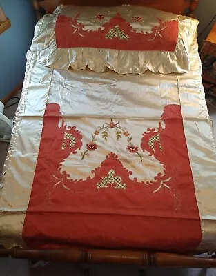 Vintage 1930s Hollywood Regency Satin Bedspread W 7 Dresser Scarves FULL Sz • $314.95