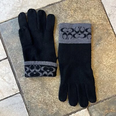 Coach Merino Wool Gloves Black Gray Logo Cuff • $16.99