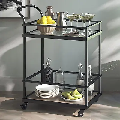 Nathan James Carter Rolling Bar Tea Or Cocktail 2-Tiered Glass Serving Cart Wit • $128.98