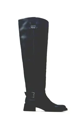 Zara Boots Womens 8/39 Black Flat Heeled Over The Knee Side Buckle Round Toe Zip • $74.73