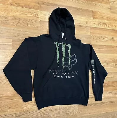 VTG Fox Racing Monster Energy Hoodie Pullover Sweatshirt Black Faded Gray Sz M • $59.84