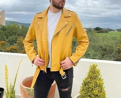 Yellow Leather Jacket Men Pure Lambskin Biker Moto Jacket Size XS S M L XL XXL • $147.83