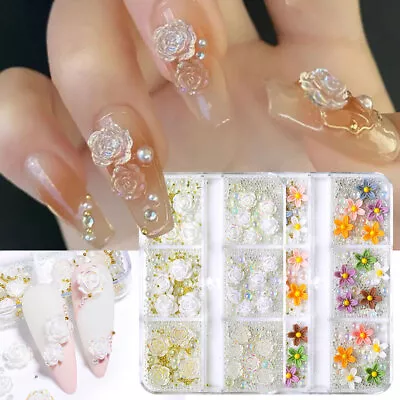 6 Grids Mixed Colors Flowers With Gold Beads Manicure Tool Accessories Nails DIY • £2.75