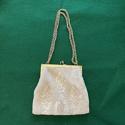 La Regale Vintage White Beaded Evening Bag Purse W Chain Flapper 20s Style • $6.99