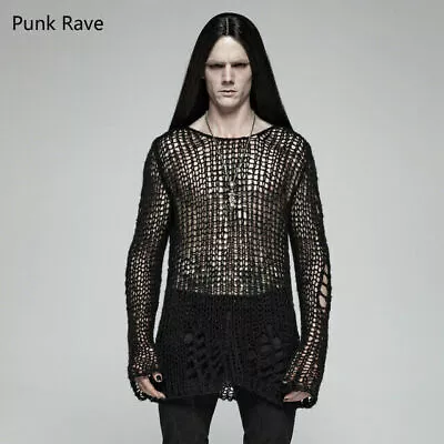 PUNK RAVE Gothic  Loose Cosplay Sweater Broken Hole Men Pullovers Black Sweater • $39.95