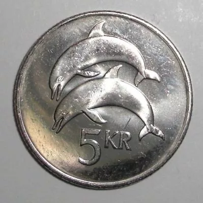 1996 Iceland 5 Kronur Coin Dolphins Fish Animal Wildlife • $1.80