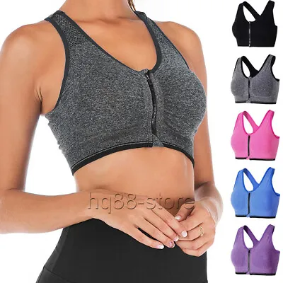 Women Wireless Padded Sports Bra Front Zip Yoga Cami Push Up Vest Support Top UK • £4.81