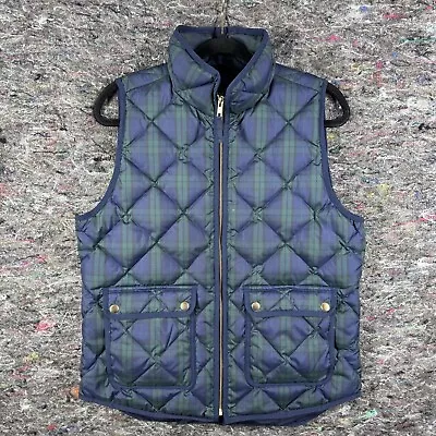 J Crew Womens Vest Medium Down Excursion Quilted Puffer Navy Green Plaid  Pocket • $29.99